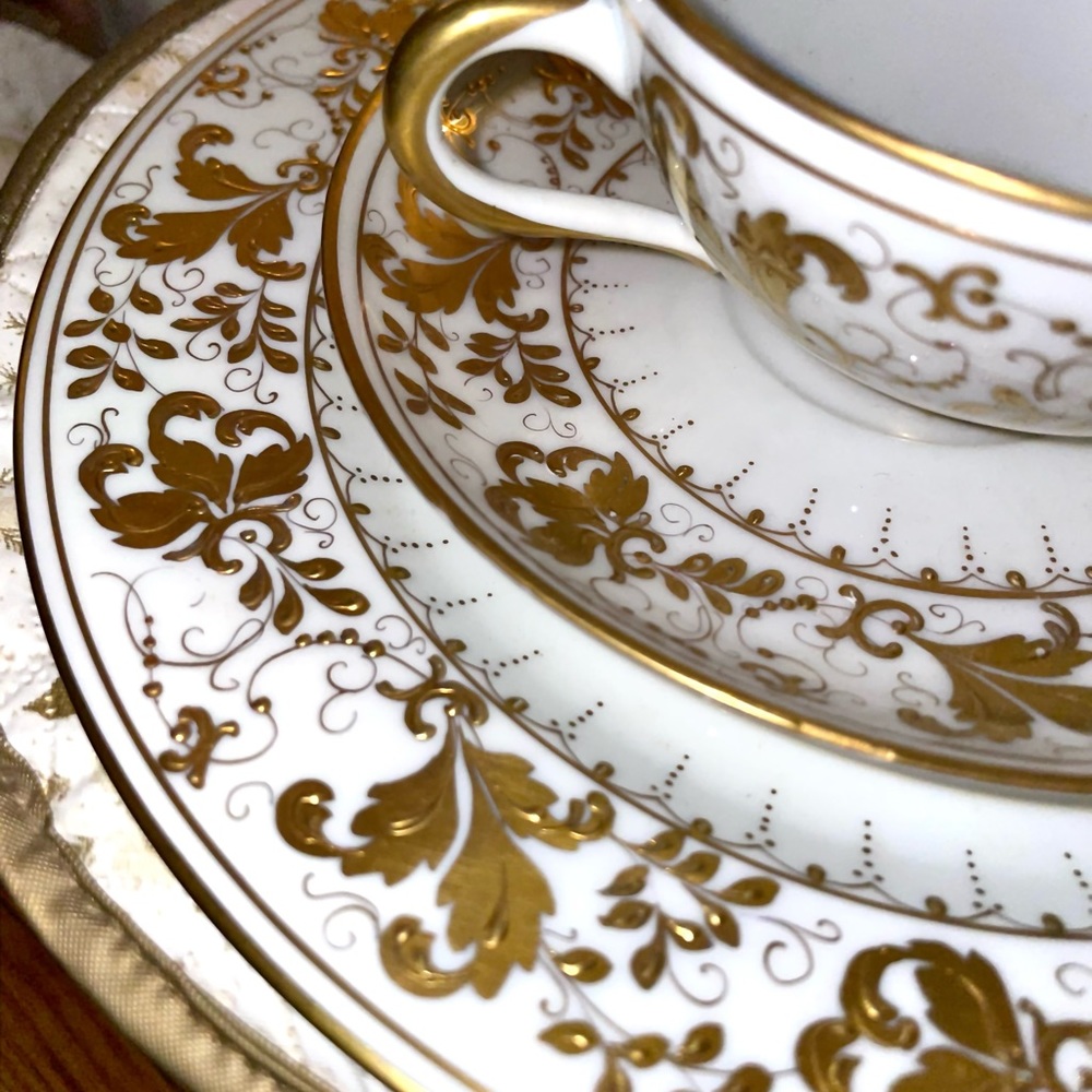 Le Tallec Limoges Bonwit Teller Gilt Botanical Border Full set 24 plates /9 cups